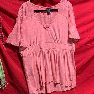 #280 size 2 Torrid Pink Floral Blouse w/ embellishments on sheer sleeves